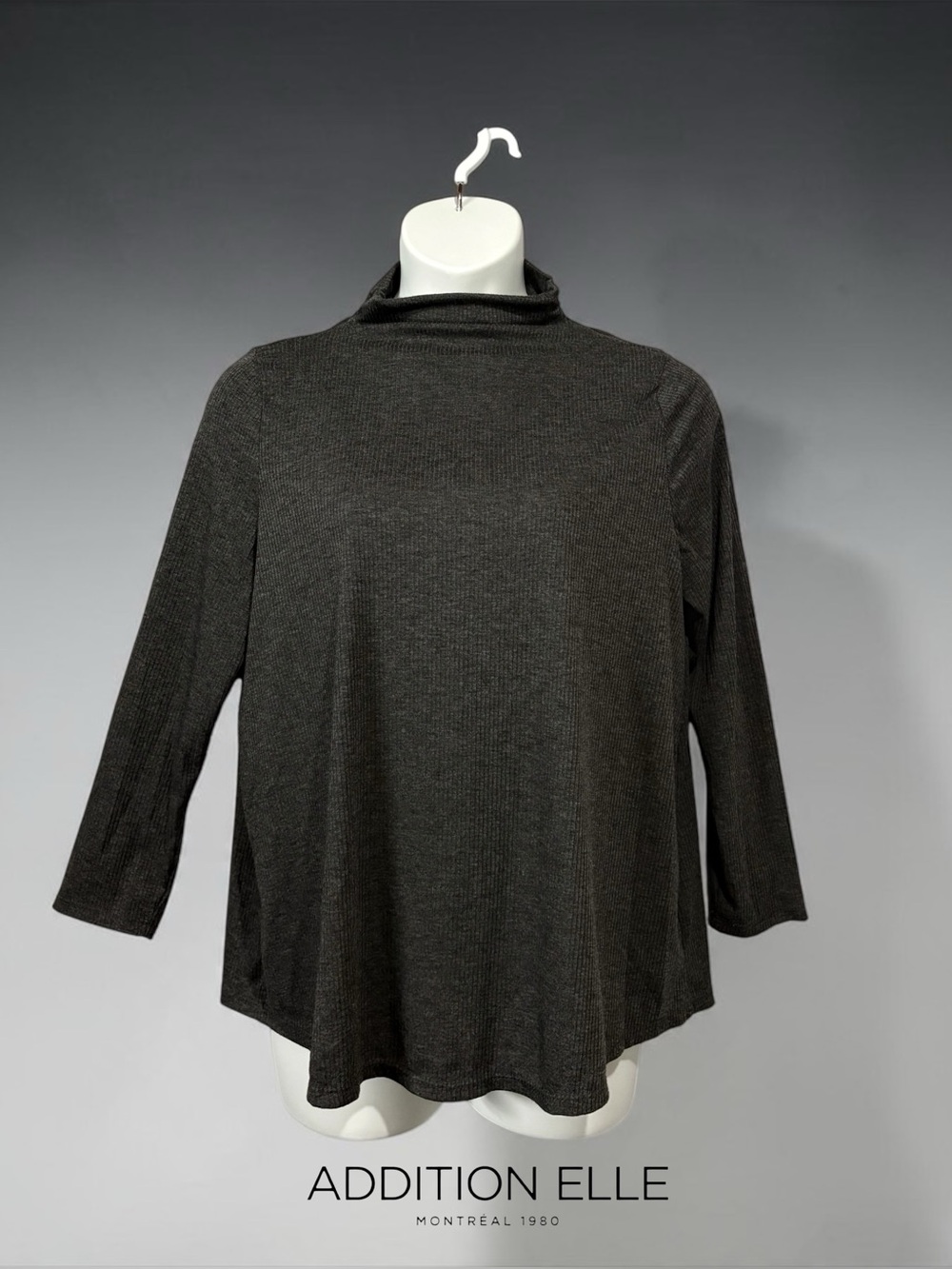 Addition Elle, 2X, Charcoal Ribbed Mock Neck Top, Stretch Plus Size